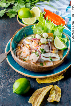 PERUVIAN CEVICHE SEBICHE. Peruvian seafood and PERUVIAN CEVICHE SEBICHE. Peruvian seafood and 38333953