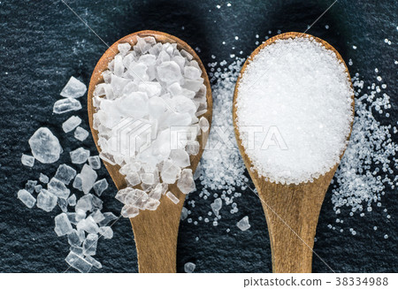 Different types of salt. Top view on wooden spoon 38334988