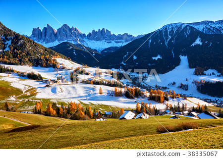 panoramic view of St. Maddalena village, Dolomites panoramic view of St. Maddalena village, Dolomites 38335067