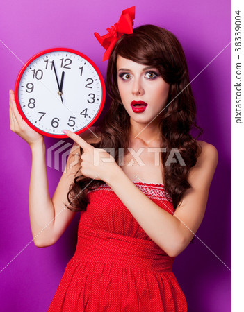 girl in red dress with huge clock dial face girl in red dress with huge clock dial face 38339004
