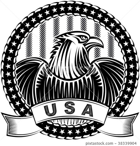 The American Eagle with stars and stripes as a symbol of the Independence Day of the US on 4th July; Vector hand drawing tattoo or print in vintage monochrome ink style 38339904