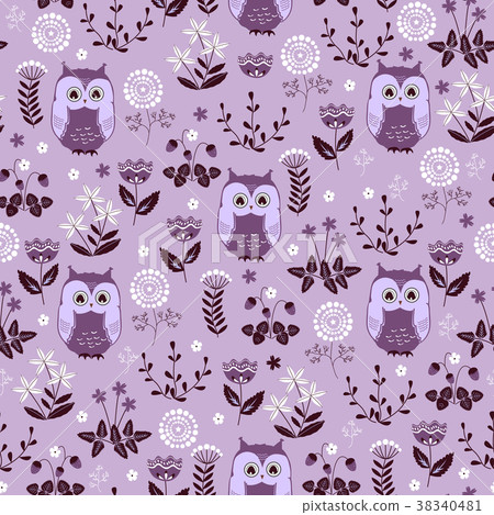 Cute colorful floral seamless pattern with owls - Stock Illustration ...