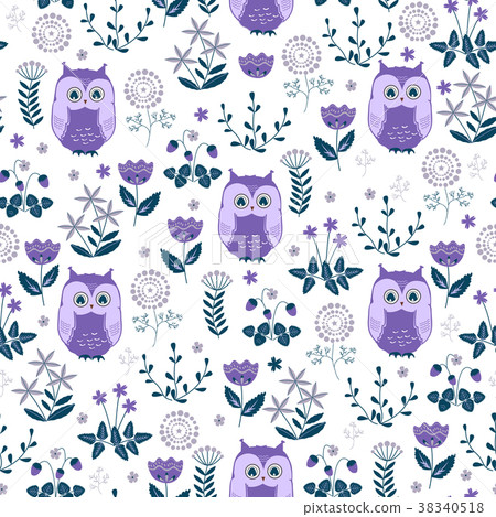 Cute colorful floral seamless pattern with owls - Stock Illustration ...