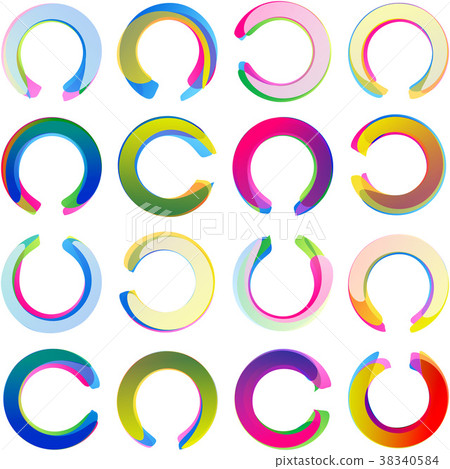 Colored overlapping circles; Arcs rounded multicolored banners, circular medals and half rings labels swirled in the c-horseshoe form; Vector icons set Eps10 38340584