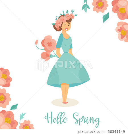 Vector illustration. Hello spring card with girl - Stock Illustration ...
