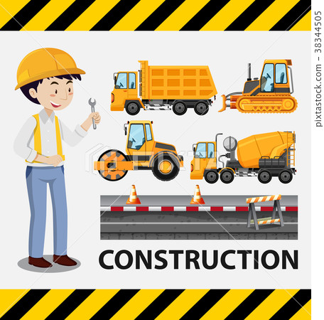 Construction worker and construction trucks 38344505