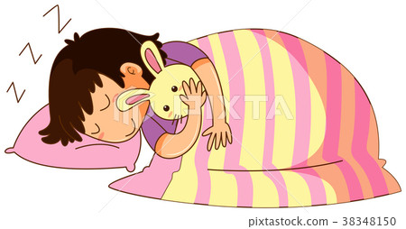 Little kid in bed with bunny doll 38348150
