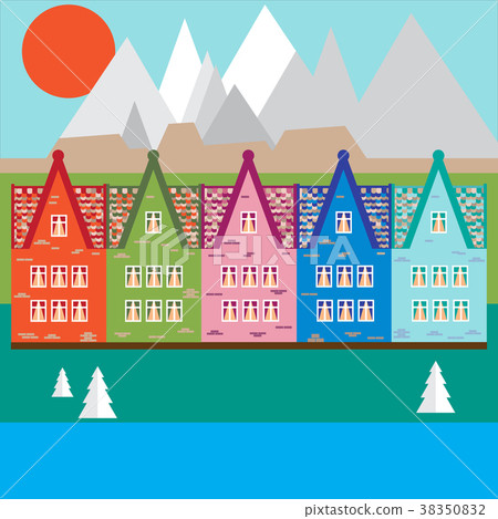 Vector illustration houses in the mountains - Stock Illustration ...