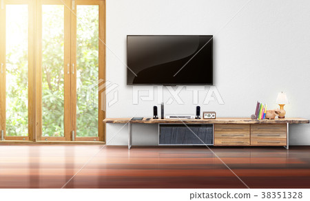 Tv on white wall empty living room interior 38351328