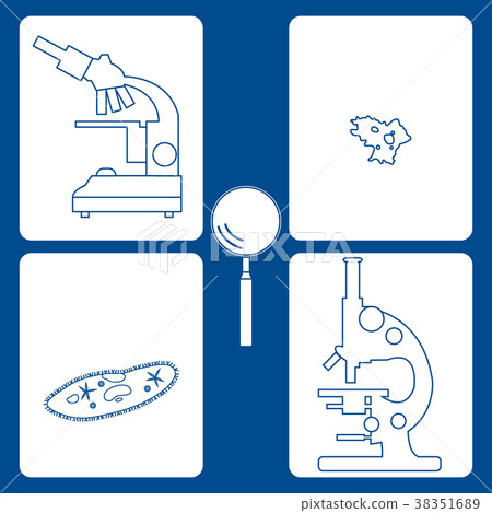 Stylized icons of microscopes, magnifier, amoeba, 38351689