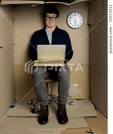 Young employee is expressing amazement while 38353431