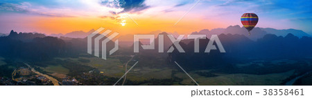 Aerial view of Vang vieng with mountains 38358461