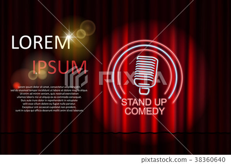 Stand up comedy with neon microphone sign and red 38360640