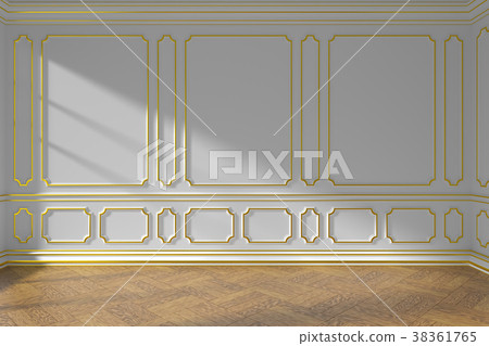 White empty room wall with gold molding, parquet 38361765