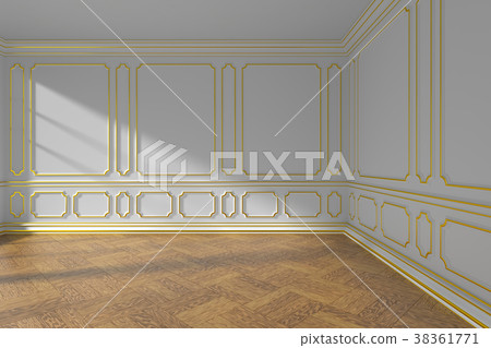 White empty room with golden molding and parquet 38361771