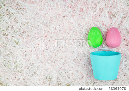 Flat lay of Easter eggs, view from above with copy space for tex 38363078