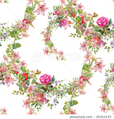 Watercolor painting of leaf and flowers, seamless  38363293