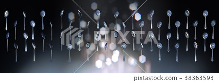 3d many coffee spoons floating in zero gravity. 3d many coffee spoons floating in zero gravity. 38363593