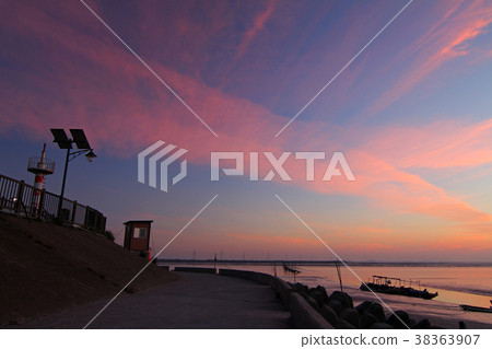 風景，天空，太陽下降，龍井，麗水漁港，晚上，竹簍 38363907