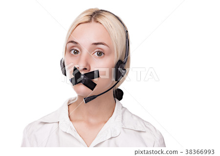 sexy young blond woman in a headset looking at the sexy young blond woman in a headset looking at the 38366993