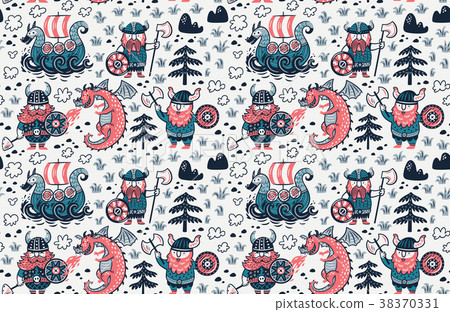 Seamless pattern with cartoon vikings characters Seamless pattern with cartoon vikings characters 38370331