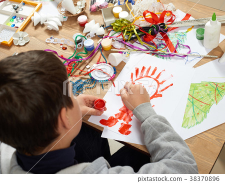 Child make crafts and toys, handmade concept. Artwork workplace with creative accessories. Child make crafts and toys, handmade concept. Artwork workplace with creative accessories. 38370896