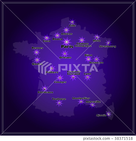 Map of France with big cities in night. 38371518