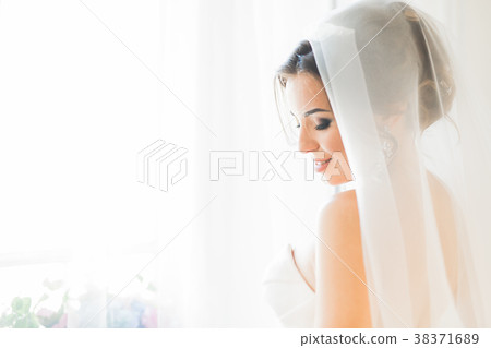 Portrait of beautiful bride with fashion veil at 38371689