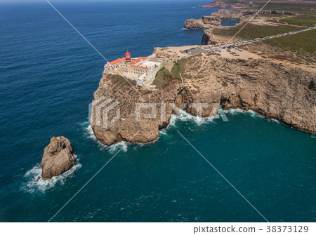 Aerial. Lighthouse Cabo Sao Vicente, drone filmed Aerial. Lighthouse Cabo Sao Vicente, drone filmed 38373129