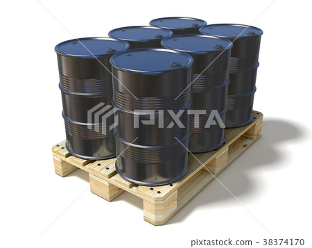 Black oil barrels on wooden euro pallet. 3D Black oil barrels on wooden euro pallet. 3D 38374170