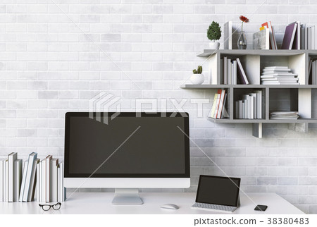 Interior room working area and computer. 3d render Interior room working area and computer. 3d render 38380483