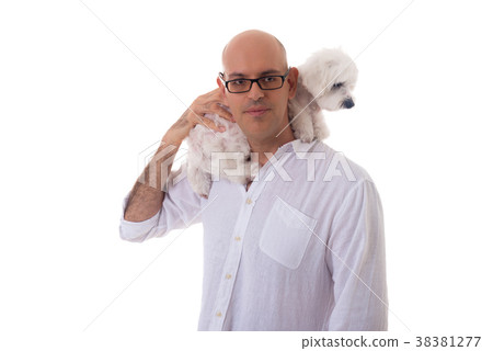 man with glasses holding the  dog on his neck 38381277