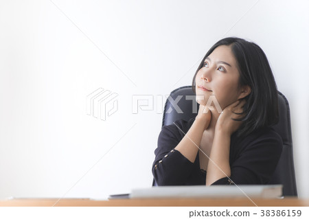 Woman neck pain but smiling for medicine concept 38386159