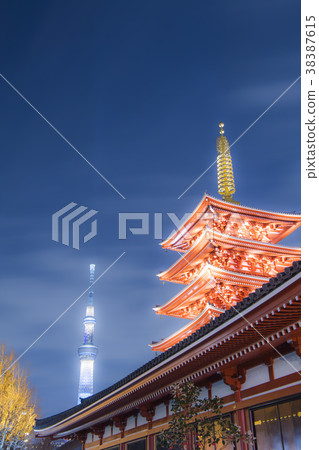 Night view Senso-ji Temple Five-story tower Night view Senso-ji Temple Five-story tower 38387615