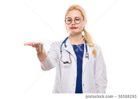 Woman doctor in white coat demands bribe 38388293
