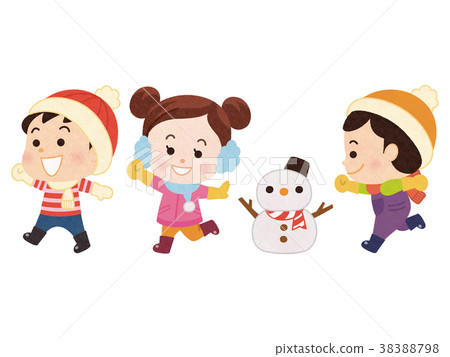 Kids and snowman running in winter clothes - Stock Illustration ...