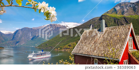 Red cottage with cruise ship in fjord,Flam, Norway 38389063