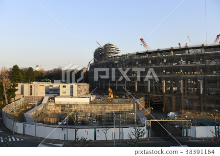 Tokyo cityscape in Japan "New National Stadium under construction in the setting sun" Related photo Search keyword is New National Stadium related photo 38391164
