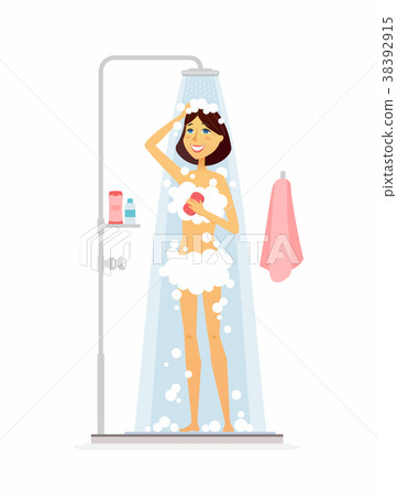 Young woman taking a shower - cartoon people 38392915
