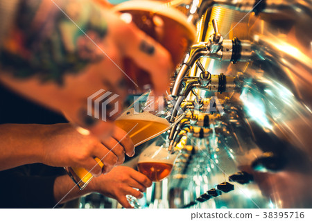 Glass of beer with barrel, bottle and fresh hops Glass of beer with barrel, bottle and fresh hops 38395716