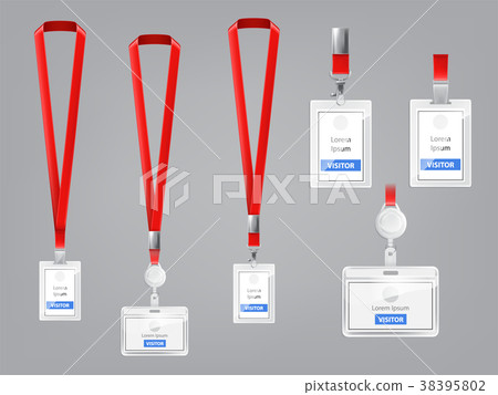Vector set of ID cards, badges with red lanyards 38395802