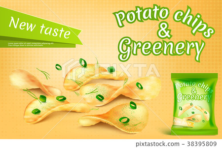Vector banner with potato chips and greenery 38395809