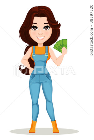 Farmer girl dressed in work jumpsuit. 38397520