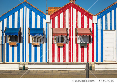 Colorful striped fishermen's houses  blue and red 38398040