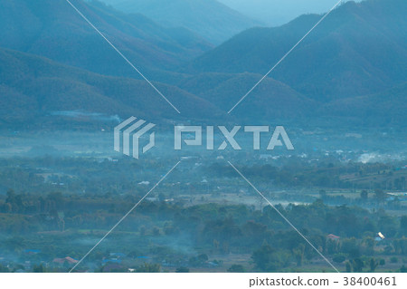 Aerial view of Pai city covered with fog 38400461