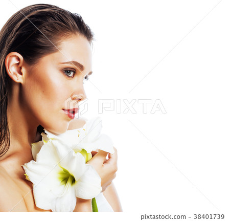 young pretty woman with  Amarilis flower close u 38401739