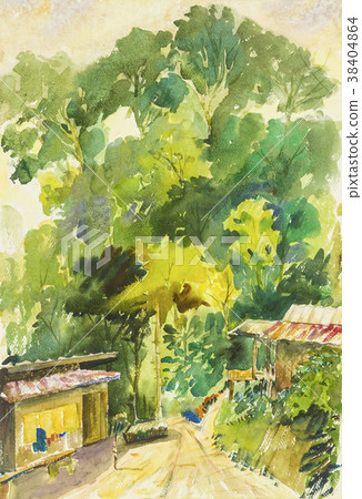 Landscape painting colorful of house in mountain. 38404864