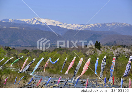 Blue sky and carp streamer and Zao Miyagi Prefecture Zao town Blue sky and carp streamer and Zao Miyagi Prefecture Zao town 38405503