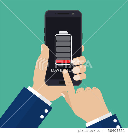 Hand holding smartphone with low battery Hand holding smartphone with low battery 38405831