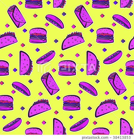 Bright acid pattern with purple fast food on Bright acid pattern with purple fast food on 38413853